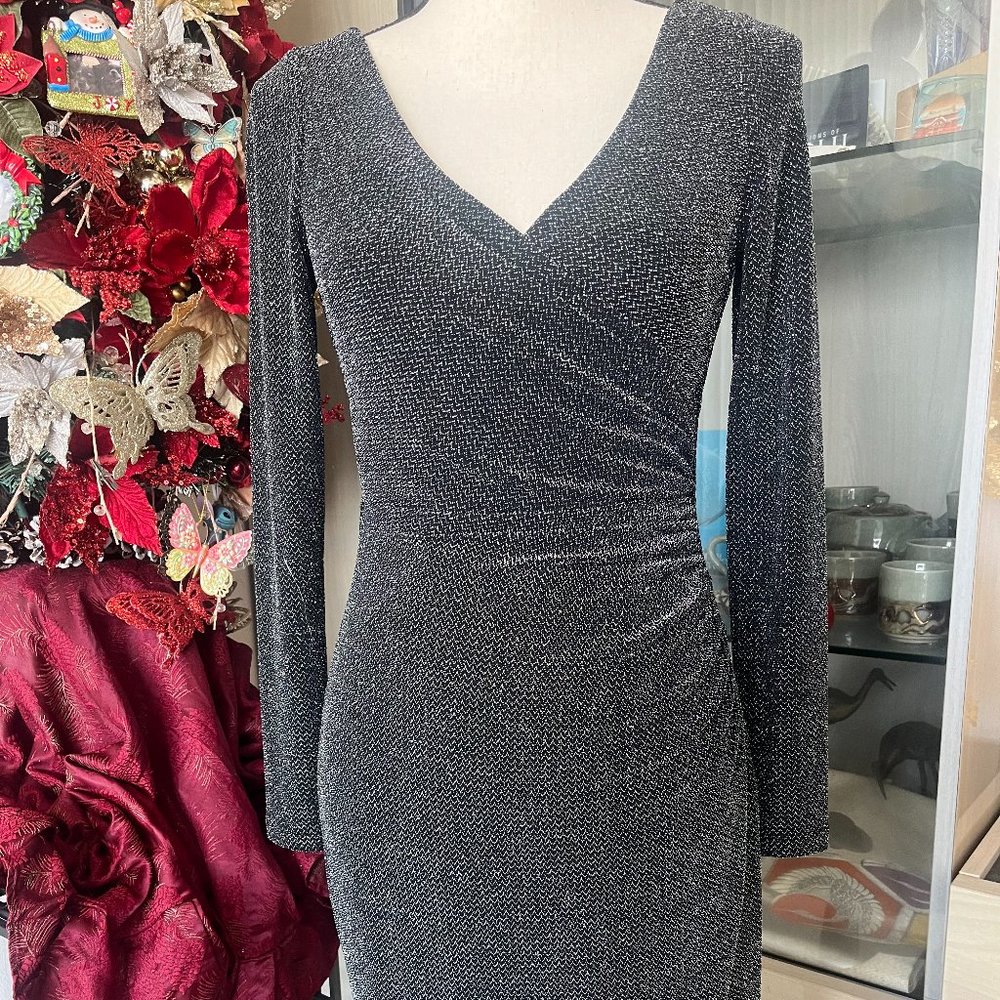 NWT- Sparkly Ralph Lauren Black and Silver Faux Wrap Style Cocktail Dress